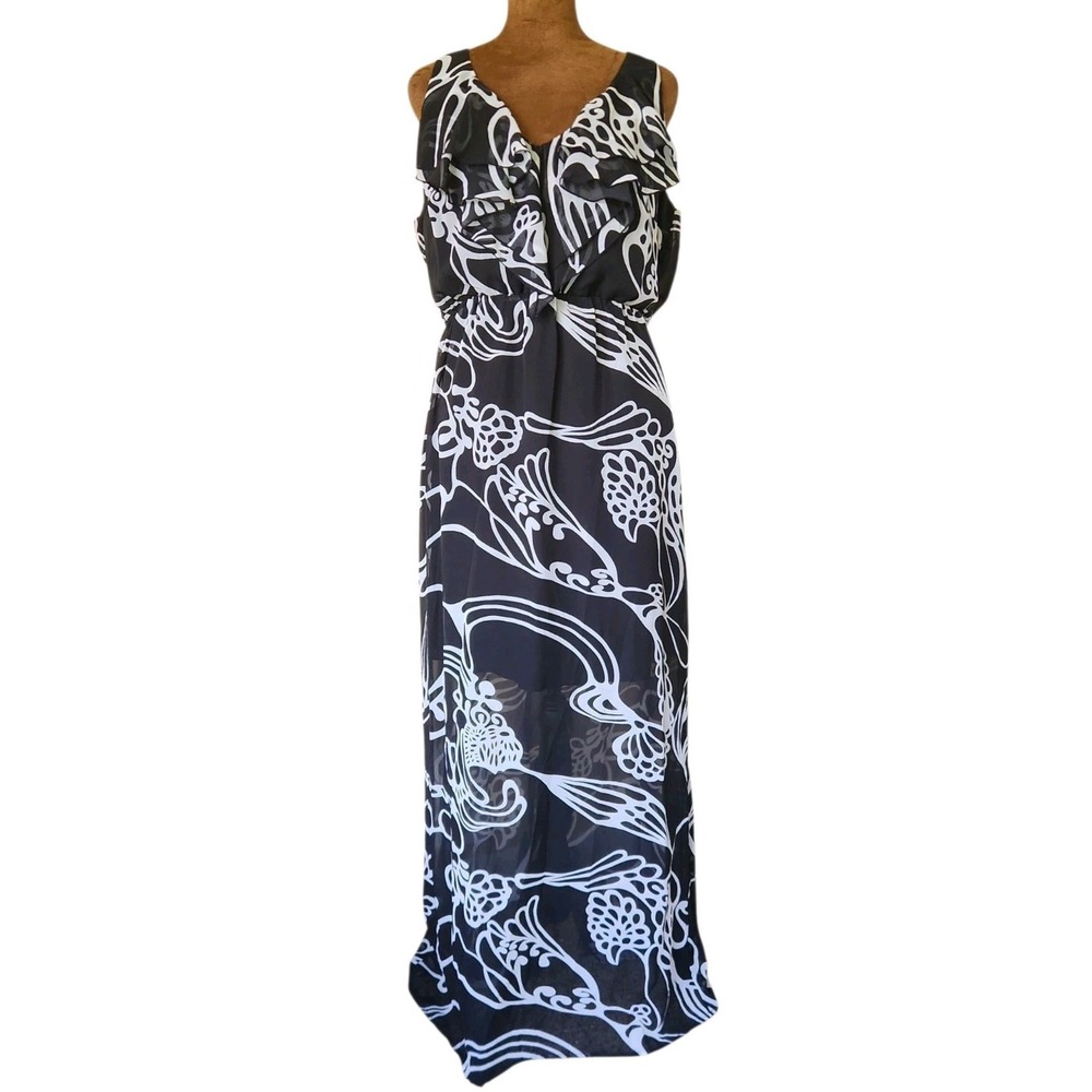 Milano Maxi Dress Size 10 Black White Chiffon Ruffle V Neck Sleeveless Abstract